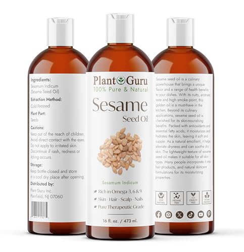 Plant Guru Sesame Seed Oil 16 fl. oz. – Cold Pressed, 100% Pure & Natural Carrier for Skin, Face, Body, Hair, and Cooking. Great for DIY Creams, Lotions, and Lip Balms.