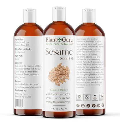 Plant Guru Sesame Seed Oil 16 fl. oz. – Cold Pressed, 100% Pure & Natural Carrier for Skin, Face, Body, Hair, and Cooking. Great for DIY Creams, Lotions, and Lip Balms.