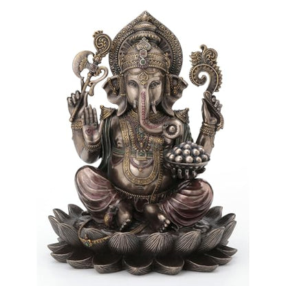 Veronese Design 9 7/8 Inch Lord Ganesha Sitting on Lotus Hindu God Antique Bronze Finish Resin Statue