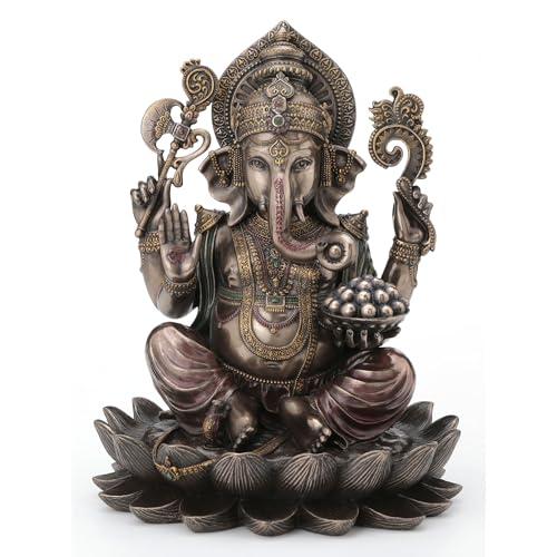 Veronese Design 9 7/8 Inch Lord Ganesha Sitting on Lotus Hindu God Antique Bronze Finish Resin Statue