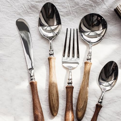 40 Piece Silverware Set Service for 8,Premium Wooden Handle Stainless Steel Flatware Set Home Include Fork Knife Spoon Set Gift Package for Christmas （Light Brown） - color: Light Brown, size: 8 people, 40 pieces