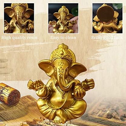 Hindu Gold Lord Ganesha Statues,1PC Mini Indian Elephant God Statue Resin Sculpture,Ganesh Figurine Handmade Elephant Ornaments Decoration for Home Office Car