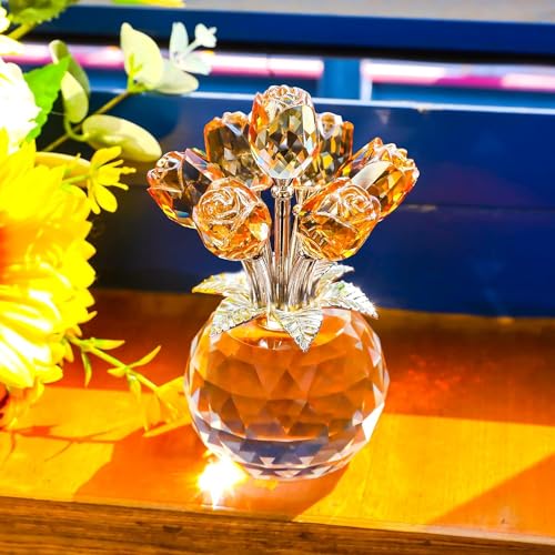 Movdyka Crystal Rose Glass Flowers with Vase Figurine Champagne Home Decor - color: Champagne -Crystal Rose