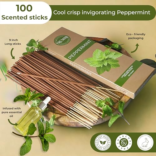 Peppermint Incense Sticks - Pack of 100 Inscents-Sticks - Inciensos Aromaticos Made with Natural Essential Oil - Scented Insence Non Toxic Insense Incents - color: Peppermint
