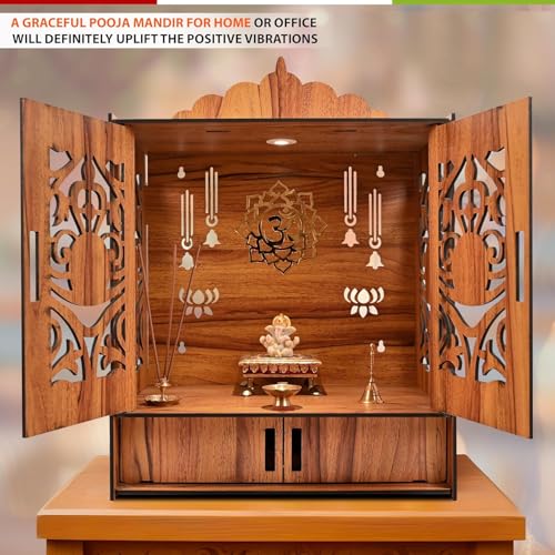 Wooden Temple Mandir for Home Beautiful Pooja with LED Light and Wall Mounts | Elegant Pooja Mandir for Home Big Size(H-17.3, L-11, B-10.6 inch)