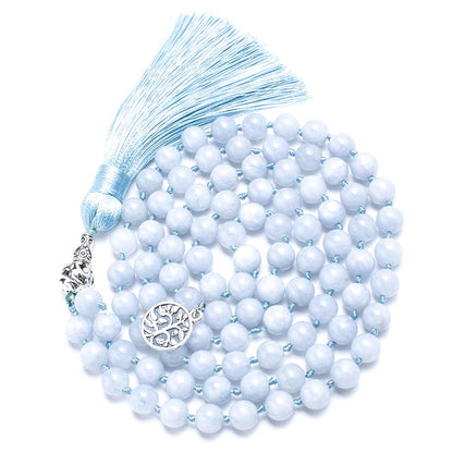108 Mala Prayer Beads Necklace Natural Stones Meditation Yoga Jewery 108 Hand Knotted Japa Mala Beaded Long Tassel Necklace with Tree of Life Pendant for Men and Women - color: Aquamarine