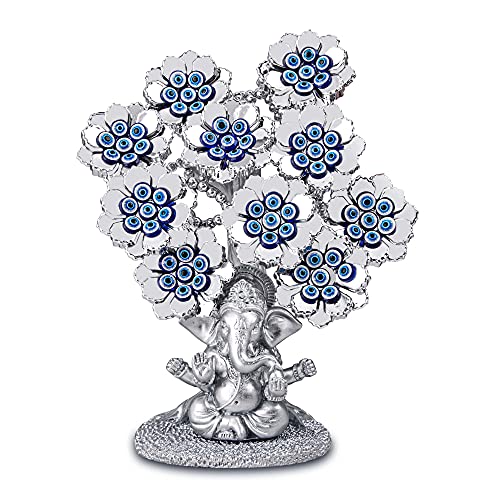 YU FENG 9.6inch Evil Eye Flowers Lucky Tree with Silver Ganesha Statue
