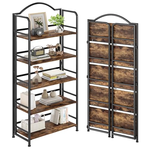 Folding Bookshelf 5 Tiers, No Assembly,Vintage Storage Rack,Rustic Brown - color: Firestone-2, size: 5-tier