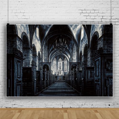 15x10ft Scary Church Halloween Backdrop Dark Black Horror Gothic Medieval Castle Interior Photography Background Halloween Night Carnival Theme Party Decor Banner Photo Studio Props - size: 15x10ft