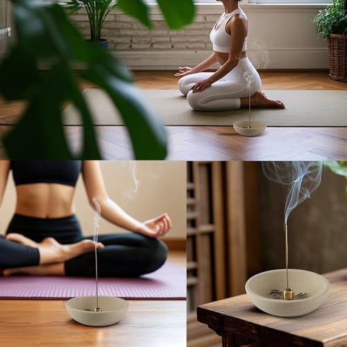 Koville Natural Marble Incense Holder, Incense Holder for Sticks with 9 Holes, Handmade Incense Burner Ash Catcher for Meditation Yoga SPA, Balsam Fir/Palo Santo/Sage/Cone (Sandstone-Brown) - color: D=150-sandstone