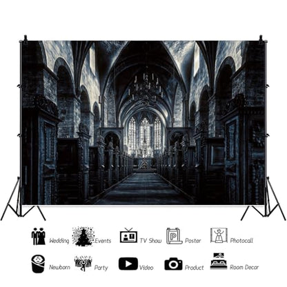 7x5ft Scary Church Halloween Backdrop Dark Black Horror Gothic Medieval Castle Interior Photography Background Halloween Night Carnival Theme Party Decor Banner Photo Studio Props - size: 7x5ft