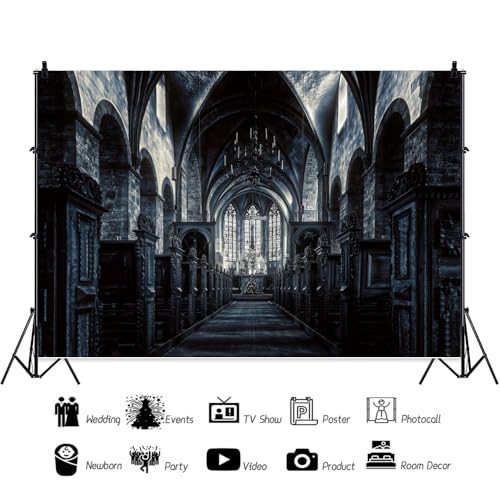 8x6ft Scary Church Halloween Backdrop Dark Black Horror Gothic Medieval Castle Interior Photography Background Halloween Night Carnival Theme Party Decor Banner Photo Studio Props - size: 8x6ft