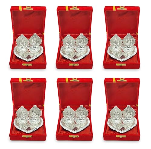 NOBILITY German Silver Diya with Red Velvet Gift Box Ganesh Lakshmi Design Idol Dia Pooja Items Diwali Decoration Puja Gifts Handmade Oil Lamp Traditional Indian Deepawali Gift Items Pack of 6 - size: 6 Sets