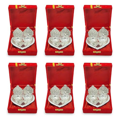 NOBILITY German Silver Diya with Red Velvet Gift Box Ganesh Lakshmi Design Idol Dia Pooja Items Diwali Decoration Puja Gifts Handmade Oil Lamp Traditional Indian Deepawali Gift Items Pack of 6 - size: 6 Sets