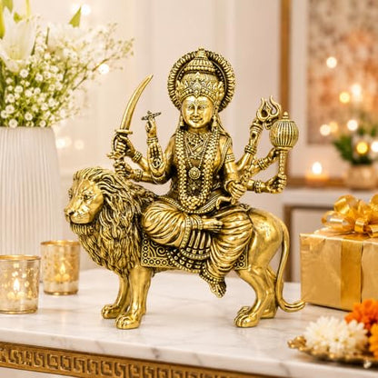 Brass Sherawali Vaishno devi Ma Durga Statue with Lion Mount Height 4" inch (Approx.) , Antique Gold Finish, Religious Hindu Idol for home temple mandir pooja room or home decor , navratri durga pooja