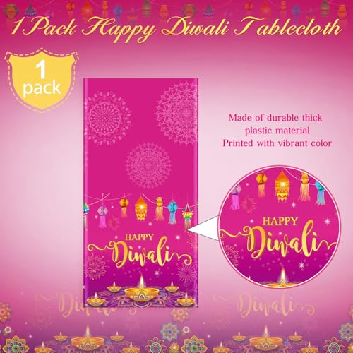 1 Pack Happy Diwali Disposable Tablecloth, Festival of Lights Plastic Table Cover for Rectangle Tables, Diwali Table Cloth for Indian Diwali Light Celebration Party Supplies Decorations, 54×108 Inch - size: 108" x 54" (Rectangular)