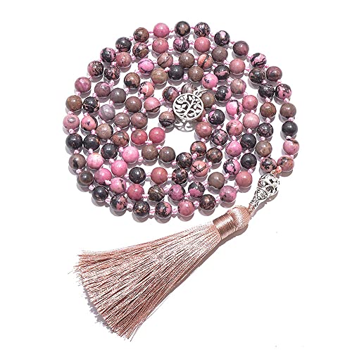 108 Mala Prayer Beads Necklace Natural Stones Meditation Yoga Jewery 108 Hand Knotted Japa Mala Beaded Long Tassel Necklace with Tree of Life Pendant for Men and Women - color: 8mm Rhodolite