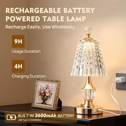 Gold Crystal Battery Operated Rechargeable Lamp Cordless, Diamond - color: Gold-Diamond