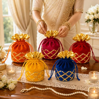 LOVENSPIRE Varalakshmi Vratham Gift Hamper Navaratri Vratha Hindu Religious Teej Karva Chauth Sankranti Pooja Housewarming Return Gifts - Potli Bags Haldi Kumkum Pack & Holder Lakshmi Feet Bindi