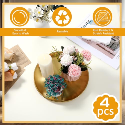 4 Pcs Gold Tray, Round Gold Tray Decorative Serving Jewelry Bar Jewelry Dish Key Bowl Mirror Dresser Decoration Vanity Trays Makeup Organizer for Bathroom Candle Perfume Countertop (9 Inch)