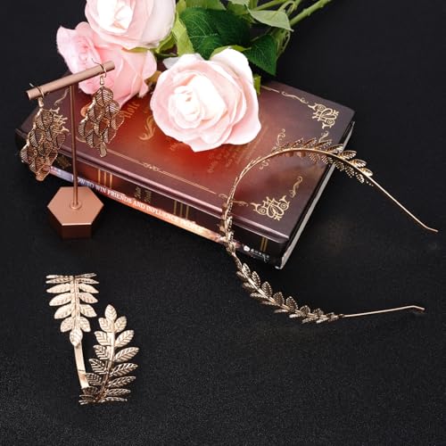 9 Pcs Greek Goddess Accessories for Women Golden Roman Laurel Leaf Crown Headband Upper Arm Cuff Bracelet Pearl Drop Earrings Necklace Toga Waist Belt Toga Costume Jewelry for Bridal Bridesmaid Wedding Party - style: GREEK