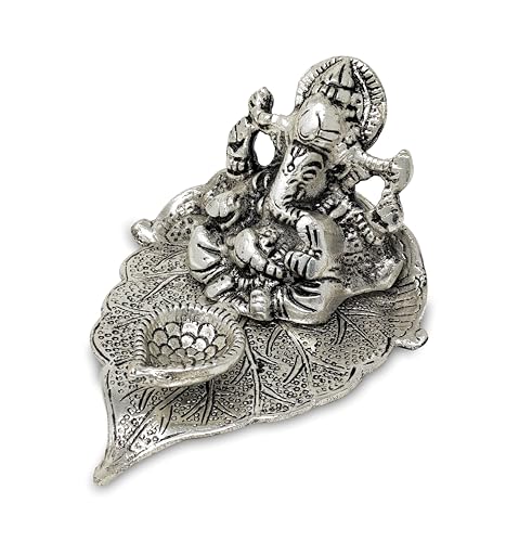 NOBILITY German Silver Ganesha on Leaf Statue Ganesh Idol with Diya for Home Office Pooja Puja Diwali Decorative Wedding Return Gift Items