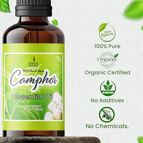 SOUL STICKS Natural Camphor Essential Oil 4 Fl Oz (120ml) 100% Natural Camphor Oil with Glass Dropper for Aromatherapy, Puja, Massage, Skin Care - size: 4 Fl Oz (Pack of 1)