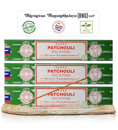 Satya Patchouli Incense Sticks, Satya Bng (Bangalore) Insenses 15gmx3 Pack (45 GMS) with Raajsee Incense Holder Bundle, Satya Nagchampa Natural Incense - color: Patchouli