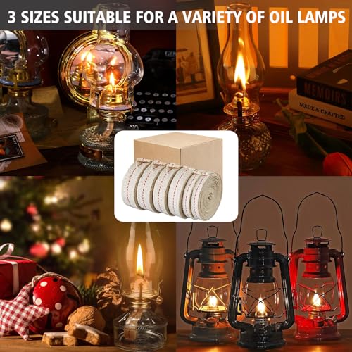 39 Feet (6 Rolls Oil Lamp Wicks), Includes 3 Sizes 1/2'' 3/4'' 7/8'' Inch Oil Lantern Wick, Soft Flat Cotton Wicks for Oil Lamps and Oil Burners, 6.6 Feet per Roll - style: Mixed Wicks