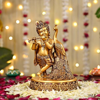 Artarium Baby Krishna Idol 7.8 Inch, Handmade Bal Laddoo Gopal Krishna Statue with Flute & Peacock, Lord Krishna Murti for Home Temple, Mandir Pooja Room, Meditation Altar, Spiritual Gift for Indian - color: #1 Bal Krishna Idol