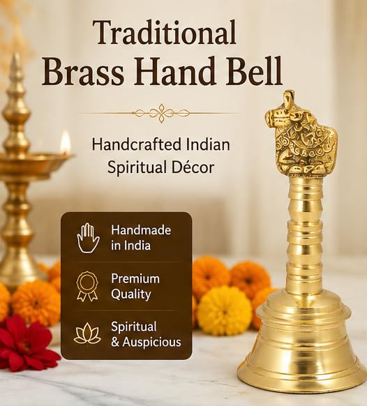 Wonderlist Handicrafts Brass Pooja Bell with Gods Sitting On Top (Nandi), 5 INCH, SE-45T - color: Nandi