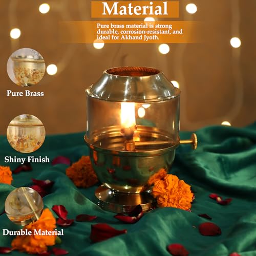 Pure Brass Akhand Jyot Diya with Borosilicate Glass Cover - Medium Size Adjustable Wick Lever 250ml Oil Capacity 48-Hour Burn Time Authentic Oil Lamp for Prayer and Meditation - Gold - size: Medium Without Plate