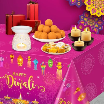 1 Pack Happy Diwali Disposable Tablecloth, Festival of Lights Plastic Table Cover for Rectangle Tables, Diwali Table Cloth for Indian Diwali Light Celebration Party Supplies Decorations, 54×108 Inch - size: 108" x 54" (Rectangular)