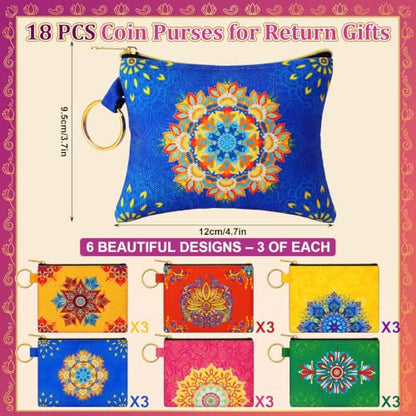 18 Pcs Indian Return Gifts for Pooja Mandala Lotus Motifs Purse - style: Mandala Lotus