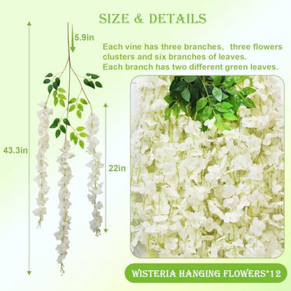 Wisteria Hanging Flowers, 12 Pcs Artificial Wisteria Garland Flower Vines - color: White, size: 12 Pack