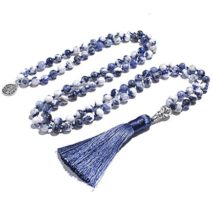 108 Mala Prayer Beads Necklace Natural Stones Meditation Yoga Jewery 108 Hand Knotted Japa Mala Beaded Long Tassel Necklace with Tree of Life Pendant for Men and Women - color: 8mm Flower Sodalite