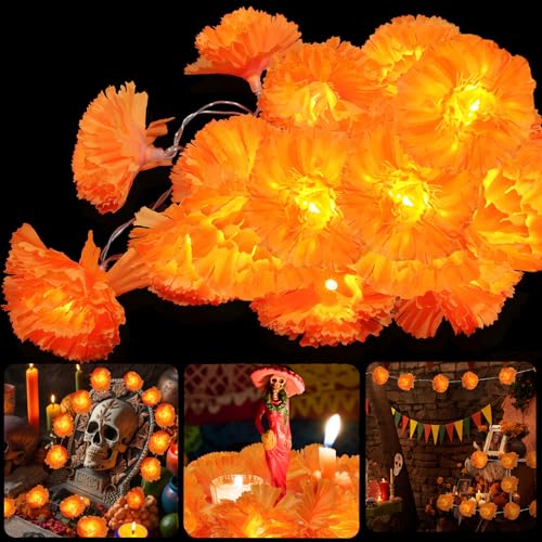 1 Pack Lighted Marigold Garland 10 LED Artificial Marigold Flowers String Lights Dia de Los Muertos Decorations for Halloween Diwali Indian Party (1, 5 Ft 10 LED) - size: 5 Ft 10 LED