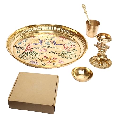 Decorative Brass Pooja Thali Set of 6 Pcs Brass Pooja 1 Plate with 1 Bowl 1 Diya 1 Spoon 1 Glass and 1 Incense Stand for Indian Traditional Festival Decorations Temple Home Bhog(Thali Size:-8") - size: 8 Inches