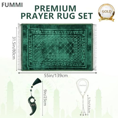 FUMMI Soft Padded Muslim Prayer Rug with Tasbih Beads, Thick Non-Slip Islamic Prayer Mat, Luxurious Janamaz for Men & Women (Green) - color: Green(with Counter)