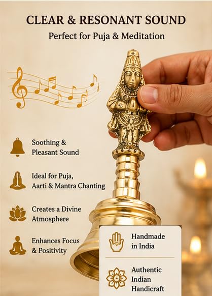 Wonderlist Handicrafts Brass Pooja Bell with Gods Sitting On Top (Hanuman) - color: Hanuman