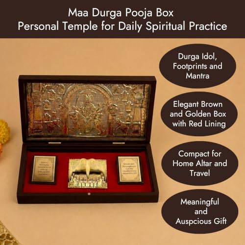 Servdharm Durga MATA Pocket Temple with Charan Paduka and Sacred Mantra | Sherawali MATA Pooja Box - Brown Gold 8.3"x4.5" for Wedding, Housewarming Gift and Home Temple