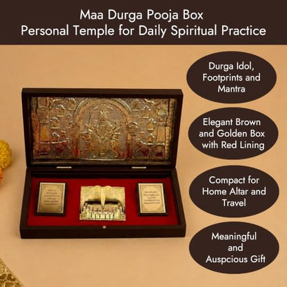 Servdharm Durga MATA Pocket Temple with Charan Paduka and Sacred Mantra | Sherawali MATA Pooja Box - Brown Gold 8.3"x4.5" for Wedding, Housewarming Gift and Home Temple
