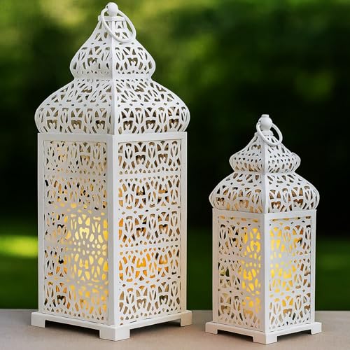 Vela Lanterns Decorative Indoor Moroccan Candle Holders, White, Set of 2 - color: White, size: 11" and 15"