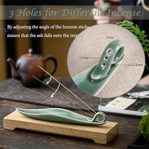 9" Length Incense Stick Holder with 3 Holes, White Porcelain Incense Tray Ash Cather for Spa, Meditation Room, Yoga, Home, Office (Green) - color: Green