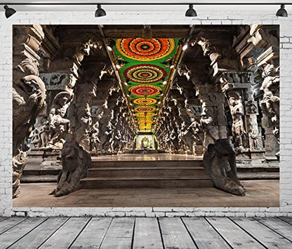BELECO 9x6ft Fabric Indian Hindu Temple Backdrop Religious Hall of Thousands of Columns Ancient Temple Basrelief Statues India Background Kids Adults Portrait Shoot Photo Studio Props Wallpaper - size: 9x6FT