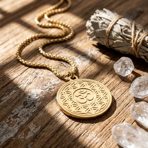 1" Stainless Steel Necklace Charms | Third Eye Vision | Peace Symbol | Finding Your Self | Yin & Yang | Moon Cat | Turtle Power | Flower of Life | | OM | Mystical Spiritual Protection, for Men & Women - style: OM Flowering Gold