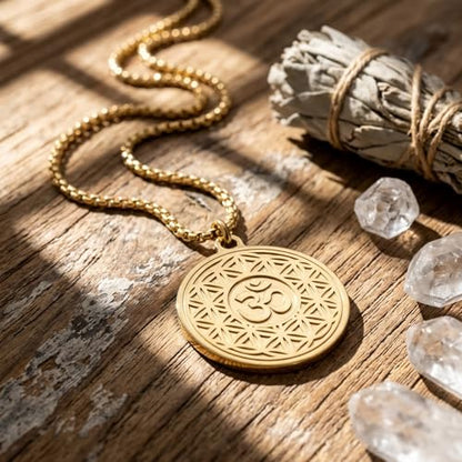 1" Stainless Steel Necklace Charms | Third Eye Vision | Peace Symbol | Finding Your Self | Yin & Yang | Moon Cat | Turtle Power | Flower of Life | | OM | Mystical Spiritual Protection, for Men & Women - style: OM Flowering Gold