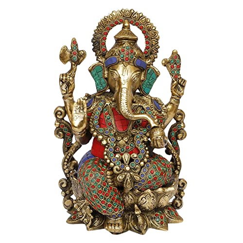 Liv Brass Lord Ganesha Statue 12.5 Inch Large, Ganesh Idol with Stonework Finish, Easter Decor House Warming Gifts Religious Sculptures Return Home Temple - color: Art Deco 1