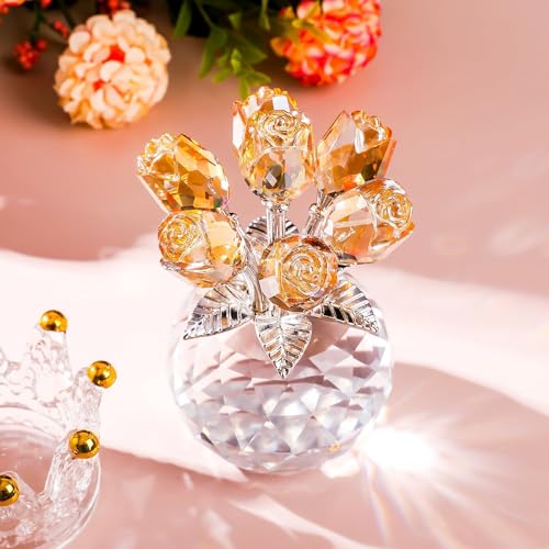 Movdyka Crystal Rose Glass Flowers with Vase Figurine Champagne Home Decor - color: Champagne -Crystal Rose