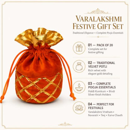 LOVENSPIRE Varalakshmi Vratham Gift Hamper Navaratri Vratha Hindu Religious Teej Karva Chauth Sankranti Pooja Housewarming Return Gifts - Potli Bags Haldi Kumkum Pack & Holder Lakshmi Feet Bindi